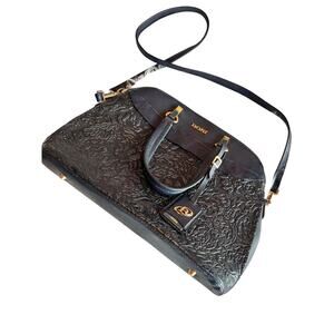 Bosi Genuine Leather Floral Embossed Crossbody‎ Satchel Shoulder Bag Black